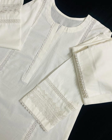 Sf 375 - White Lace Work Marina 2 Pc Stitched Suit