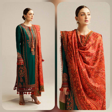 Hussain Rrehar 3PC Luxury Dhanak |printed wool Shawl